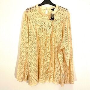 NEW Torrid Size 4X Mixed Lace Pattern Beige Cotton Blend Top Fairy Dressy Casual